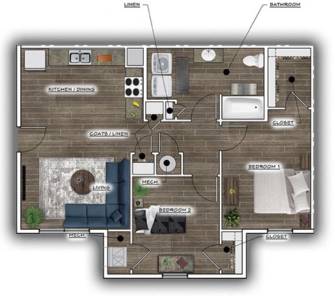 Floor plan for 2 beds, 1 bath, 864 sqft